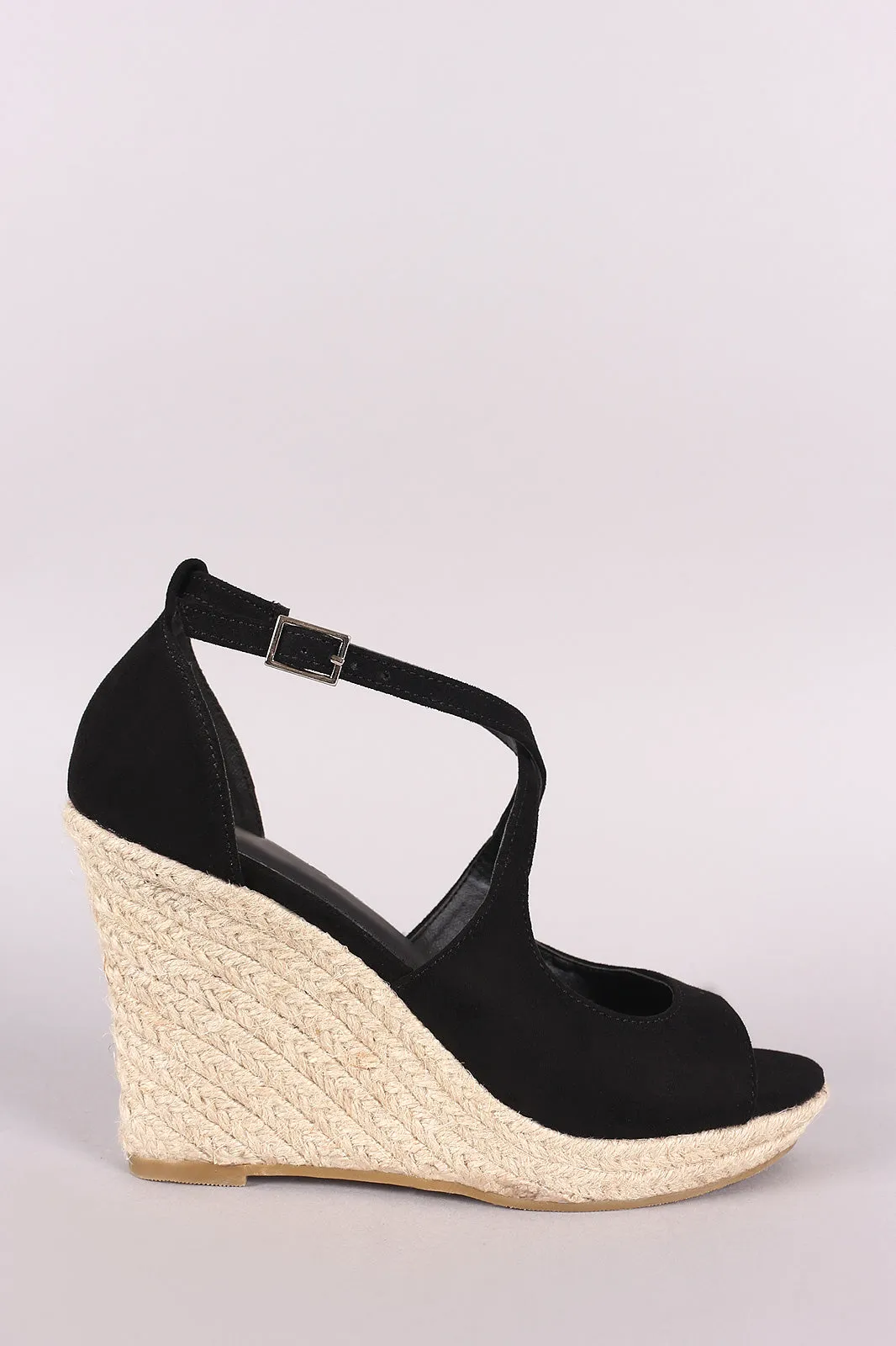 Suede Peep Toe Crisscross Strap Espadrille Platform Wedge