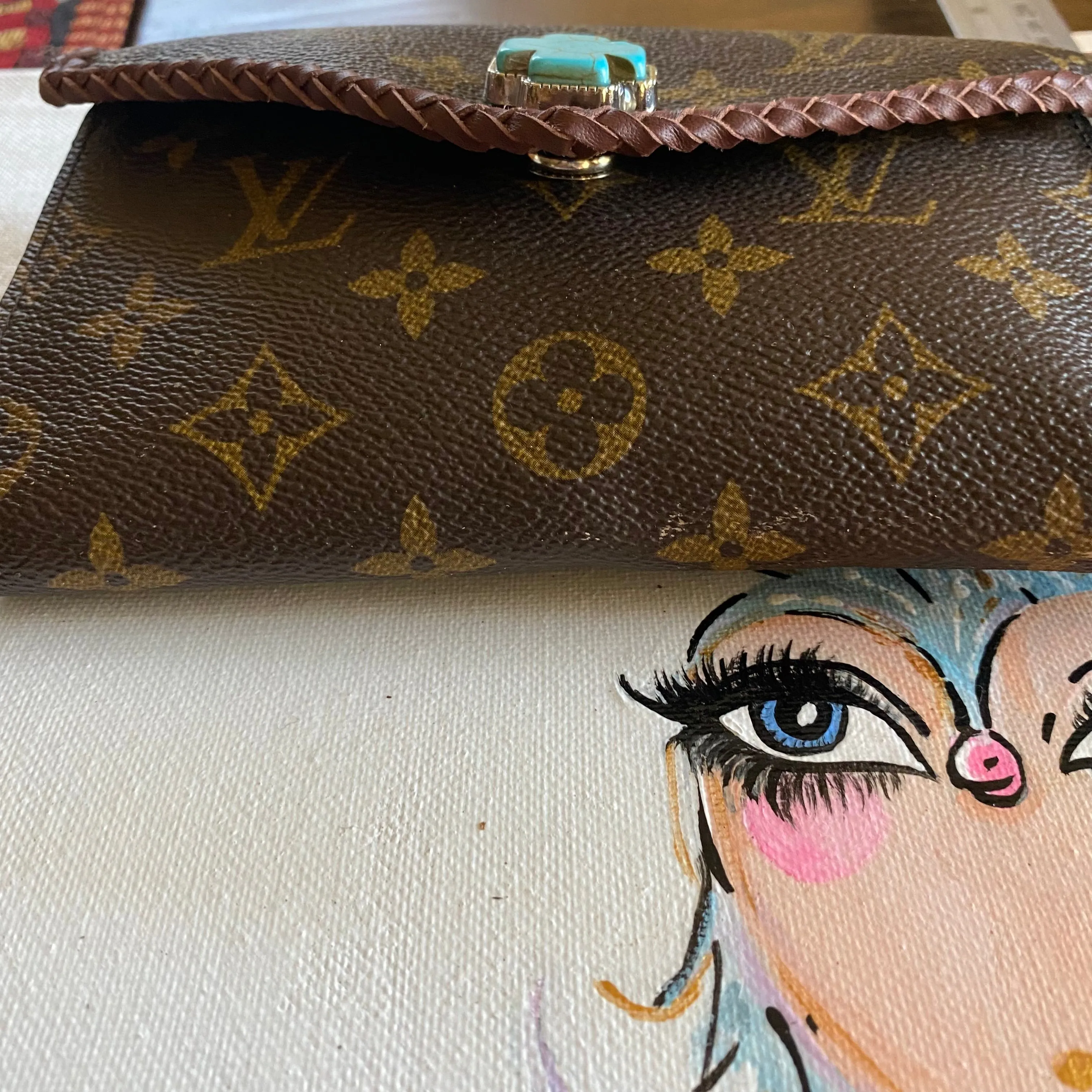 The Junco - Vintage Monogram with Turquoise Wristlet Bag