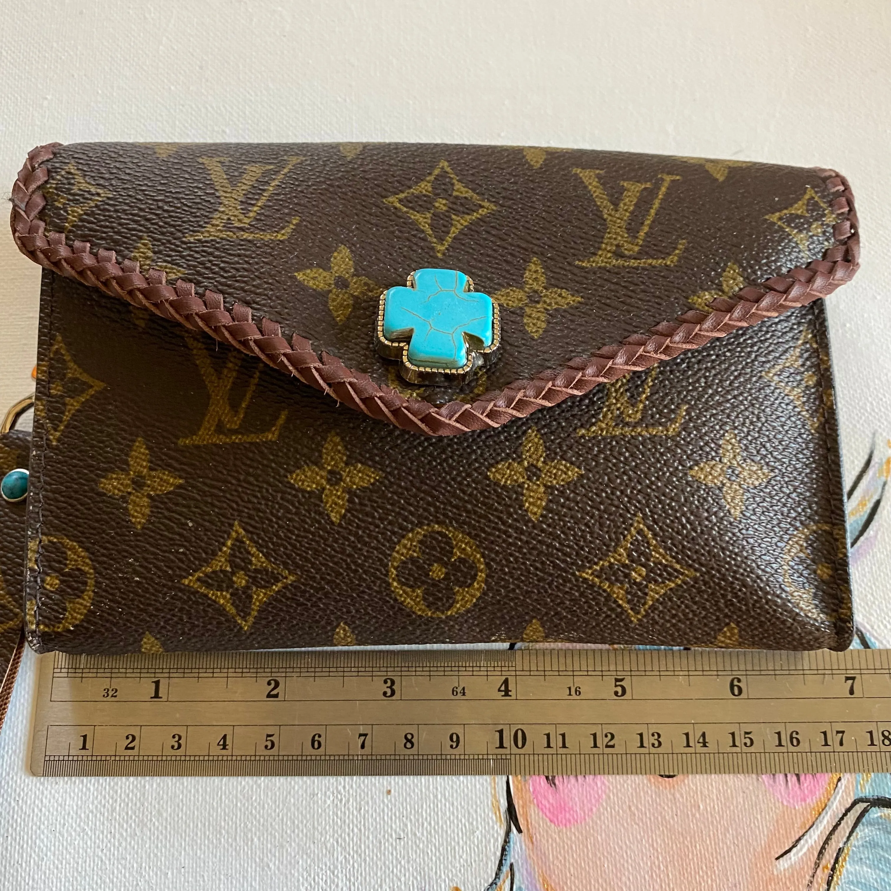 The Junco - Vintage Monogram with Turquoise Wristlet Bag