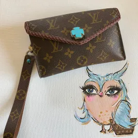 The Junco - Vintage Monogram with Turquoise Wristlet Bag