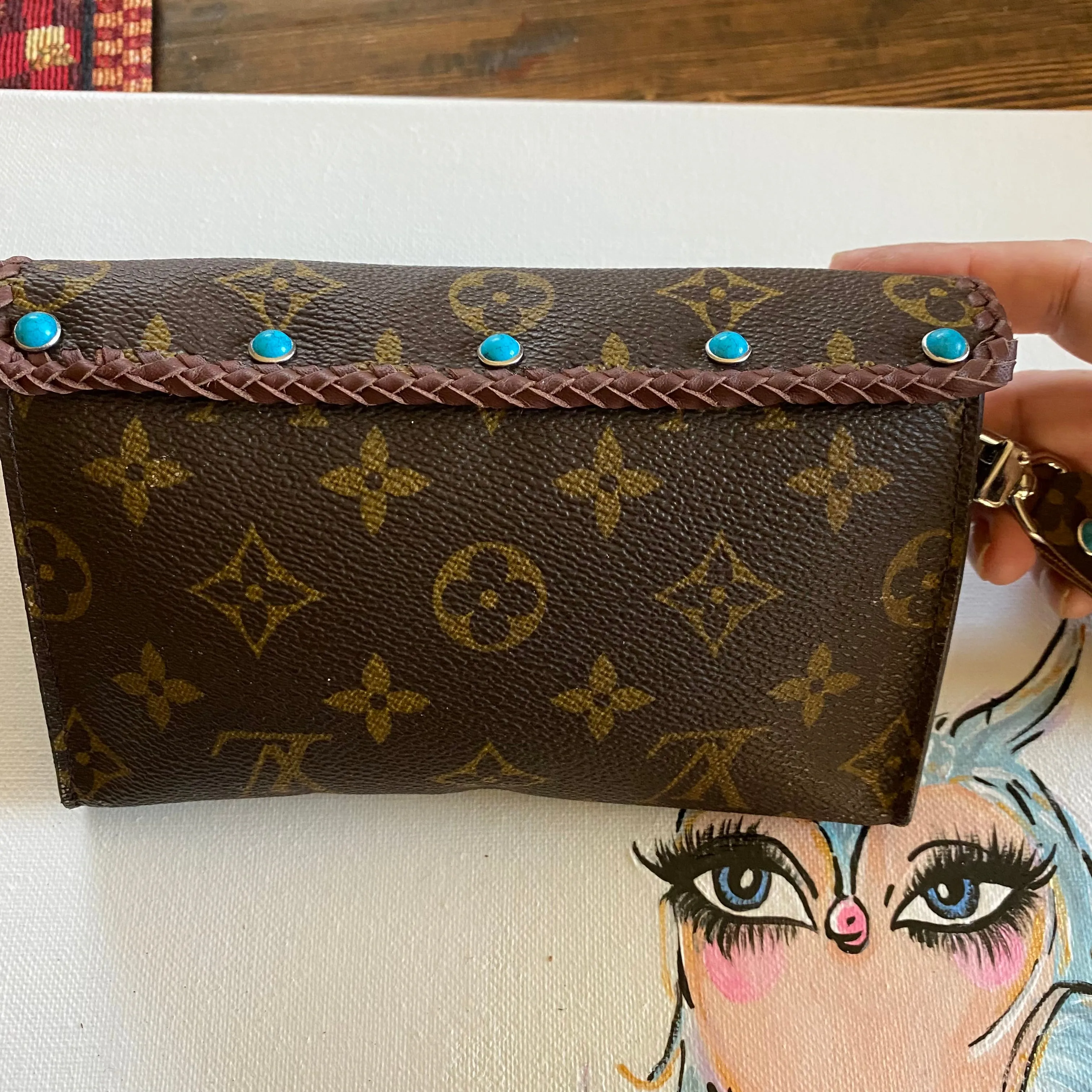 The Junco - Vintage Monogram with Turquoise Wristlet Bag